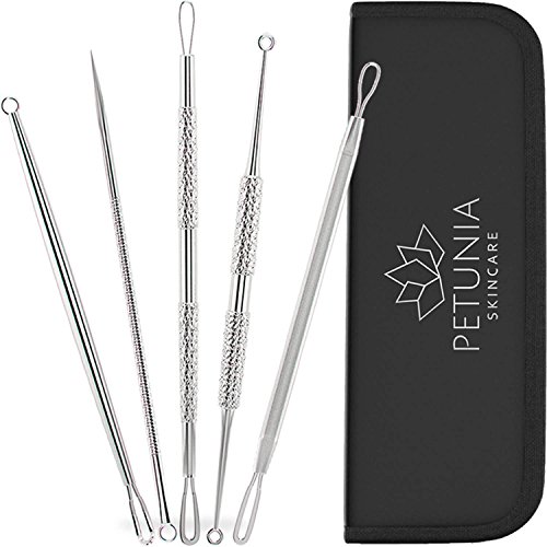 Extractor de Comedones, Set de 5 piezas Blackhead extractor y kit de removedor de acné específicamente trata caras manchas, espinillas, zits y whiteheads - incluyen caja de regalo y maletín de viaje