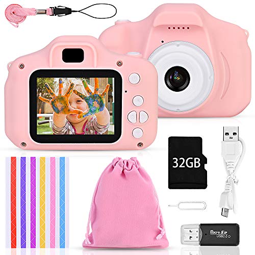 Faburo Set de Cámara de Fotos Digital para Niños, Cámara Infantil con Tarjeta de Memoria Micro SD 32GB, Cámara Digital Video cámara Infantil para Niños Niñas Regalos de cumpleaños, 1080P, Rosa