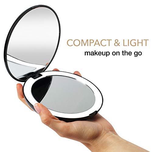 Fancii Espejo de Bolsillo Compacto Iluminado LED para Maquillaje - Aumento de 1X/10X - Gran Espejo Plegable de 127 mm con LED de Iluminación Natural - Portátil para de Viaje (Negro)