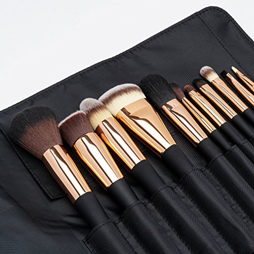 Fancii Set de Brochas de Maquillaje Profesional, Set de 11 Pinceles de Gama Alta, Cerdas Sintéticas sin Crueldad para Difuminar Base y Sombra de Ojos, Bolso de Viaje de Cuero Sintético, Oro Rosado