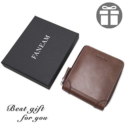 Faneam Cartera Hombre Cuero Autentico Billetera Hombre Piel, Cartera Hombre con Cremallera & Ranuras para Tarjetas, Pequeño Monedero de Hombre Cartera de Bolsillo para Hombre (Coffee)