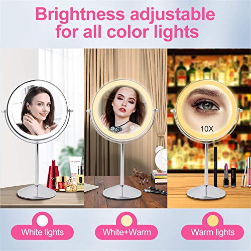 FASCINATE Espejo Maquillaje Recargable con Luz 3 Modos Iluminación Colores, con Aumento 1X / 10X, Espejo de Mesa Cosmética Espejo, Espejo con Doble Cara Giratorio 360°… (Blanco1)