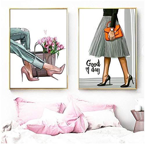 Fashion Super Vogue Girl Handbag Wall Art Canvas Painting Nordic Posters and Prints Wall Pictures For Living Room Decor (2 Piezas 50x70 cm sin Marco)