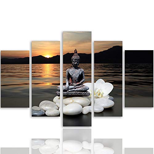 Feeby Frames, Cuadro en Lienzo - 5 Partes - Imagen, Impresión, Cuadro decoración, Canvas Tipo A, 150x100 cm, Buda, Piedras, Flor, ORQUÍDEA, Lago, Puesta del Sol, Agua, MONTAÑAS, Gris, Blanco