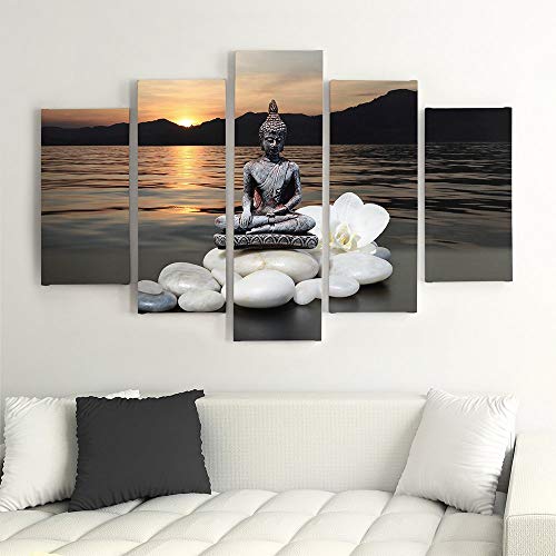 Feeby Frames, Cuadro en Lienzo - 5 Partes - Imagen, Impresión, Cuadro decoración, Canvas Tipo A, 150x100 cm, Buda, Piedras, Flor, ORQUÍDEA, Lago, Puesta del Sol, Agua, MONTAÑAS, Gris, Blanco