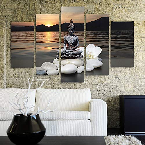 Feeby Frames, Cuadro en Lienzo - 5 Partes - Imagen, Impresión, Cuadro decoración, Canvas Tipo A, 150x100 cm, Buda, Piedras, Flor, ORQUÍDEA, Lago, Puesta del Sol, Agua, MONTAÑAS, Gris, Blanco