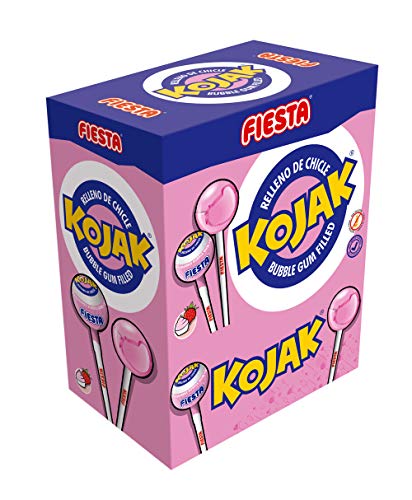 FIESTA Kojak Caramelo con Palo Sabor Helado de Fresa Relleno de Chicle - Caja de 100 unidades