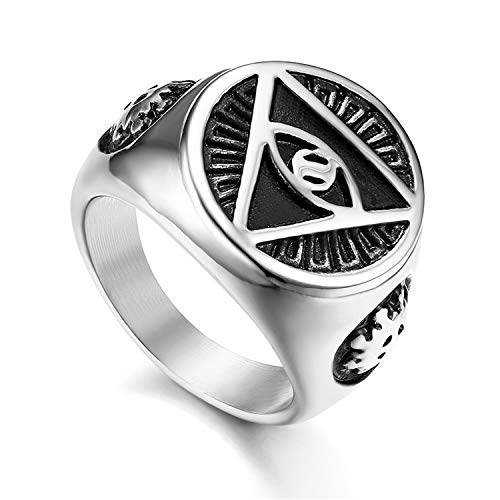 Flongo Anillo de Sello Grande Anillo de Hombre Acero Inoxidable La Pirámide con El Ojo Que Todo Lo Ve, Anillo Ojo de Horus Egipcio, Regalo Original para Hombre Talla 30