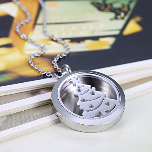 Flongo Collar con Colgante de Locket Perfume Difusor Aromaterapia, Mujer Navidad Colgante de Moneda Hueco para Aceite Esencial con 6 Almohadillas, Color Plateado Vintage, Regalo para Mujeres