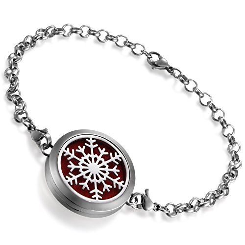 Flongo Pulsera de Acero Inoxidable para Mujer, Locket de Perfume Difusor Aromaterapia, Copo de Nieve Hueco para Aceite Esencial, Retro Vintage Regalo de cumpleaños