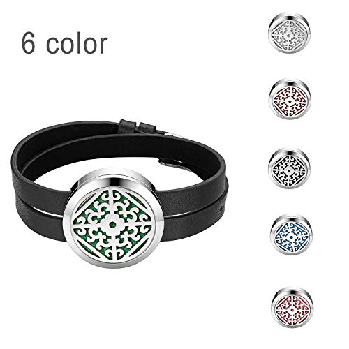 Flongo Pulsera de Locket de Perfume Difusor Aromaterapia, Pulsera de Cuero Moneda de Floral Hueco Aceite Esencial con 6 Almohadillas, San Valentin