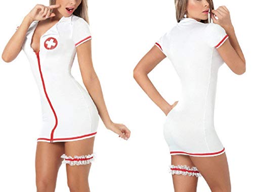 FONDBERYL Mujer Lencería Cosplay Enfermera Disfraz Bodysuit Disfraces de Enfermera Uniforme Vestido Sexy Ropa de Dormir Lencería Cosplay para Mujer, Blanco/Rojo, M