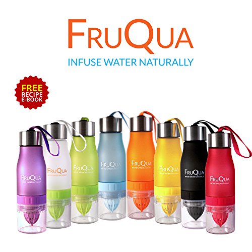 fruqua Fruits Infuser Bouteille d'eau en 7 couleurs vives, sans BPA, 650 ml pour boire avec fruits gratuite enrichi en eBook de recettes, anti-fuite, Matériau fabriqué avec Tritan, des solutions ayka orange