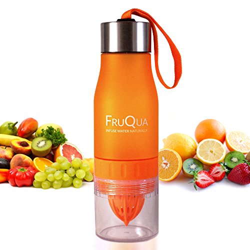 fruqua Fruits Infuser Bouteille d'eau en 7 couleurs vives, sans BPA, 650 ml pour boire avec fruits gratuite enrichi en eBook de recettes, anti-fuite, Matériau fabriqué avec Tritan, des solutions ayka orange