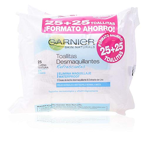 Garnier Skin Active - Toallitas Desmaquillantes Refrescantes para Pieles Normales a Mixtas - Formato ahorro 25 + 25 Unidades