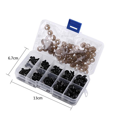 Garosa 100pcs Ojos de Juguete Negro, Plástico de Seguridad 6-12 MM Ojos con Junta para Títeres, Muñecas, Manualidades, Juguetes de Peluche de Animales