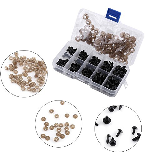 Garosa 100pcs Ojos de Juguete Negro, Plástico de Seguridad 6-12 MM Ojos con Junta para Títeres, Muñecas, Manualidades, Juguetes de Peluche de Animales