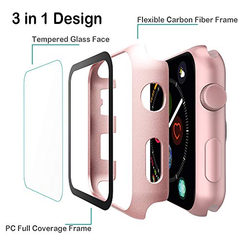 GeeRic Protector de Pantalla Compatible con Apple Watch 42mm Series 3, [2 Pcs] [PC Funda][HD Película] [Completa], Cristal Vidrio Templado Compatible para Apple Watch 42mm Series 3/2/1 Rosa