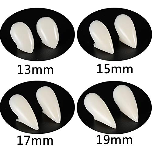 Gejoy 8 Pares de Dientes de Vampiro Colmillos Dentaduras Postizas de Halloween Cosplay con Dientes Adhesivos de Pellets para Disfraces de Halloween Favores de Fiesta (13 mm, 15 mm, 17 mm, 19 mm)