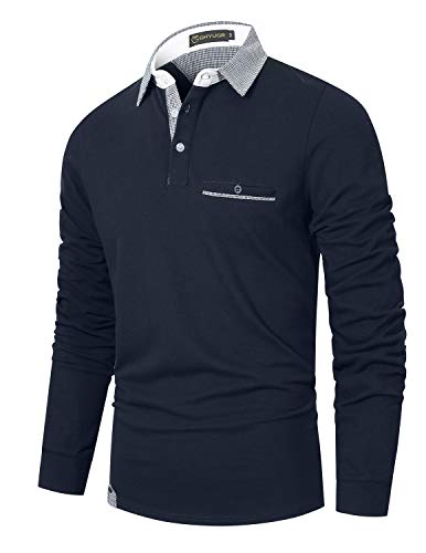 GHYUGR Polo Hombre Manga Larga Camiseta Deporte Clásico Elegante Cuadros Cuello T-Shirt,Azul Marino,XL