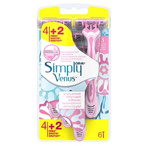 Gillette Venus-Simply 3 cuchillas de afeitar desechables con banda lubricante, 3 hojas, 6 unidades