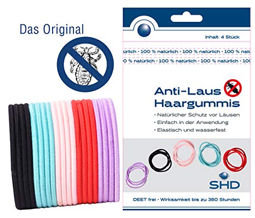 Gomas elasticas para el pelo anti-piojos - 8 unidades (2 de cada color: amarillo, rojo, azul, rosa) - 100% protección natural, libre de DEET, efecto durante 30 días + un peine como REGALO