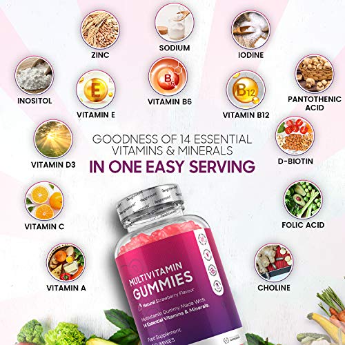 Gominolas Multivitaminas y Minerales de Alta Potencia, 60 Unidades - Con 14 Vitaminas y Minerales Activos, Con Vitamina C, A, D, B y Biotina, Zinc, Yodo, Sodio y Ácido Fólico, Para Hombres y Mujeres