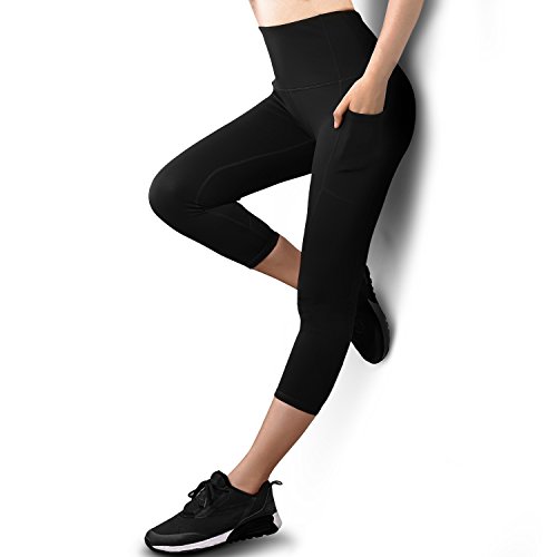 GRAT.UNIC Mallas Deportivas de Mujer,Mujer Pantalones elásticos de Yoga con Bolsillos Laterales,3/4 Polainas de Yoga Fitness (Negro 3/4, M)