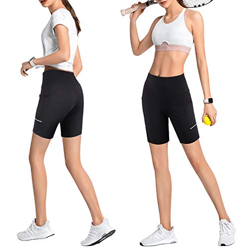 GRAT.UNIC Pantalón Corto Deportivo para Mujer, Running Pantalones Cortos de Yoga con Bolsillo Lateral, Fitness Mallas Deportivas (Negro, XL)