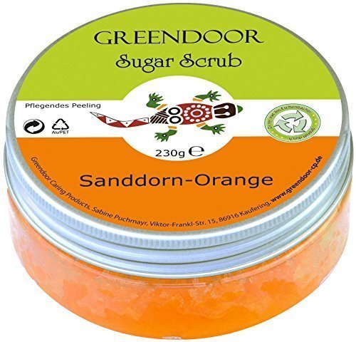 Greendoor Azúcar Scrub Espino amarillo Naranja, azúcar Peeling sin Plástico, 230g de la manufactura de cosmética natural