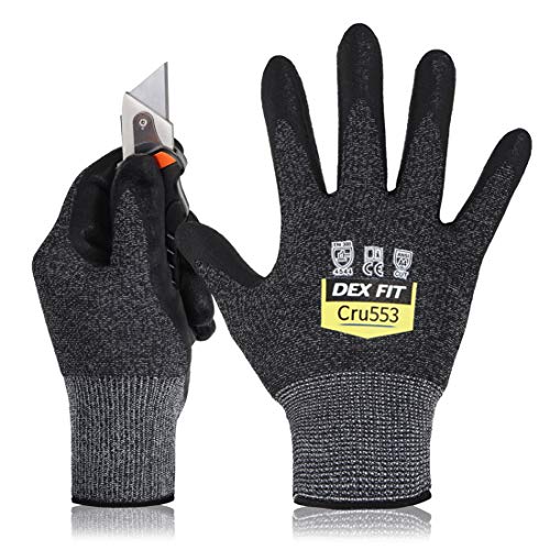 Guantes DEX FIT Nivel 5 Anticortes Cru553, Ajuste Cómodo Elástico en 3D, Gran Agarre, Espuma de Nitrilo Duradera, Smart Touch, Fino y Ligero, Negro Gris Talla 7 (S) 1 Par