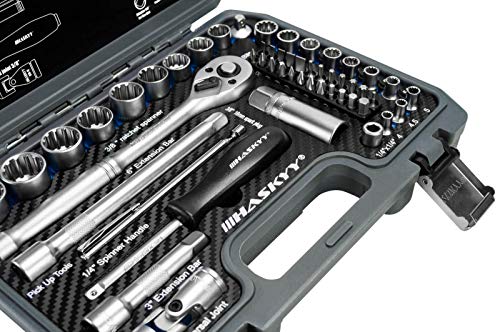 HASKYY Juego de Llaves de Vaso Profesionales I Llave de Carraca Reversible de 1/4" y 3/8" I Trinquete de Torx-XZN-E-Profile Set I Kit de Herramientas Mecánicas para el Auto I 52 piezas