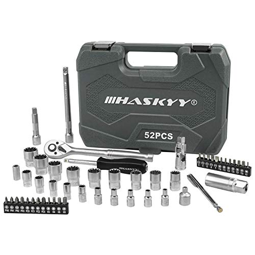 HASKYY Juego de Llaves de Vaso Profesionales I Llave de Carraca Reversible de 1/4" y 3/8" I Trinquete de Torx-XZN-E-Profile Set I Kit de Herramientas Mecánicas para el Auto I 52 piezas