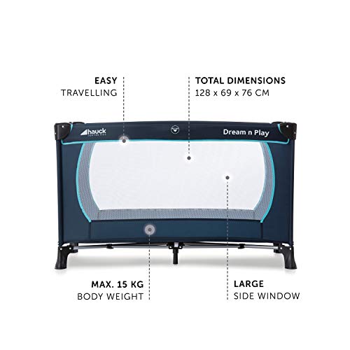 Hauck Dream'n Play Plus - Cuna de viaje 3 piezas, 120 x 60 cm, de 0 meses hasta 15 kg, con bolsa de transporte, apertura lateral, plegable, ligera y estable - azul