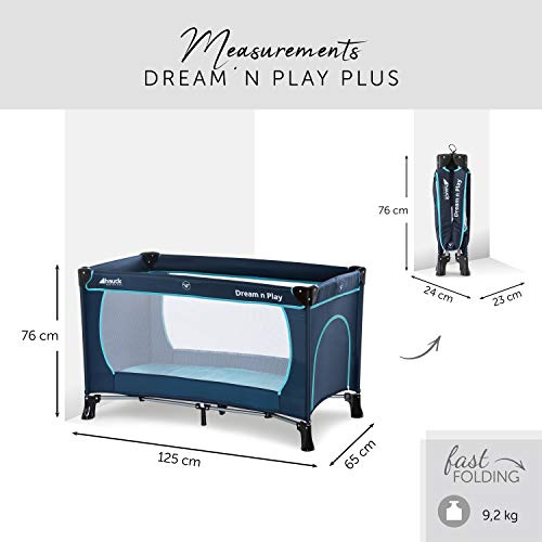 Hauck Dream'n Play Plus - Cuna de viaje 3 piezas, 120 x 60 cm, de 0 meses hasta 15 kg, con bolsa de transporte, apertura lateral, plegable, ligera y estable - azul