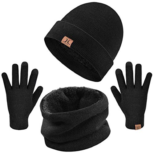 heekpek Bufanda Gorro Guantes para Hombre Invierno Regalos para Hombre Mujer Unisexo Set de Bufanda Conjunto de Guantes de Punto BufaSombrero de Invierno Gorras Con Bufanda (Negro)