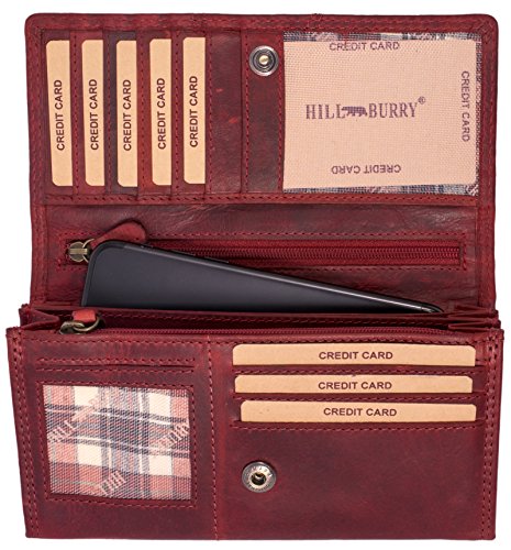 Hill Burry Cartera de Cuero para Mujer | Billetera - Monedero de Cuero Genuino con Aspecto Vintage | Mujeres - Hombre | XXL Largo Grande Capacidad (Rojo)