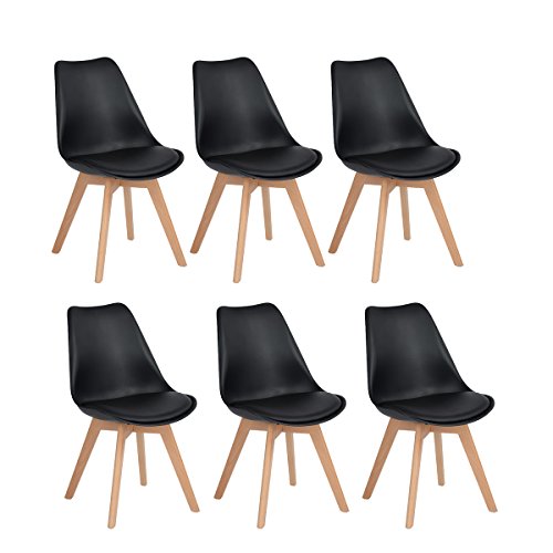 H.J WeDoo Pack de 6 Silla de Comedor Silla escandinava, Pata Madera de Haya y Asiento Acolchado, Estilo nórdico - Negro