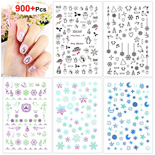 HOWAF 900+ pcs Luminoso Navidad Pegatinas Uñas Decorativas Papá Noel Copo de Nieve Nail Art Stickers uñas Etiqueta autoadhesiva para uñas Navidad decoración manicura niñas Mujer