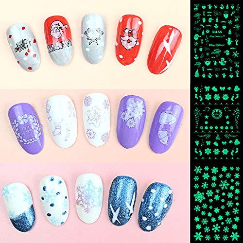 HOWAF 900+ pcs Luminoso Navidad Pegatinas Uñas Decorativas Papá Noel Copo de Nieve Nail Art Stickers uñas Etiqueta autoadhesiva para uñas Navidad decoración manicura niñas Mujer