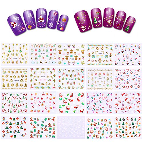 Howaf Navidad 3D Nail Art Stickers Calcomanías (20 Hojas), Navidad Papá Noel Reno Copo De Nieve Pegatina uñas Calcomanías autoadherentes Nail Art Decoración DIY Etiqueta