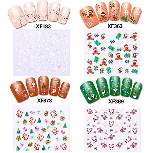 Howaf Navidad 3D Nail Art Stickers Calcomanías (20 Hojas), Navidad Papá Noel Reno Copo De Nieve Pegatina uñas Calcomanías autoadherentes Nail Art Decoración DIY Etiqueta