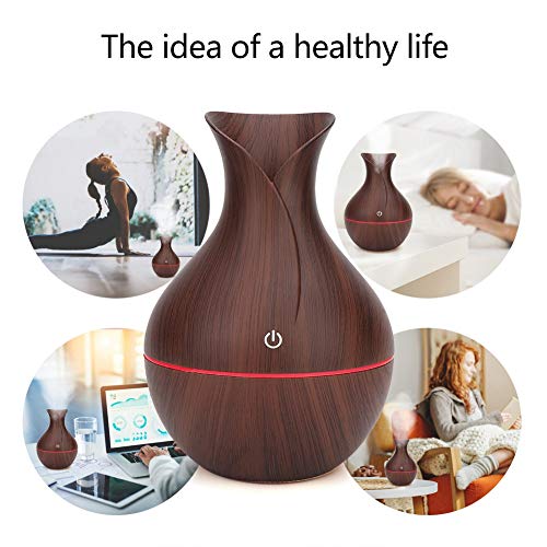 Humidificador USB de 130 ml, Difusor de Aroma Ultrasónico Difusor de Aceite Esencial Modo de Reposo con Luz LED de 7 Colores para Oficina en Casa(Grano de madera oscura)