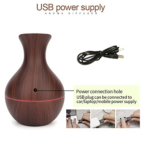 Humidificador USB de 130 ml, Difusor de Aroma Ultrasónico Difusor de Aceite Esencial Modo de Reposo con Luz LED de 7 Colores para Oficina en Casa(Grano de madera oscura)