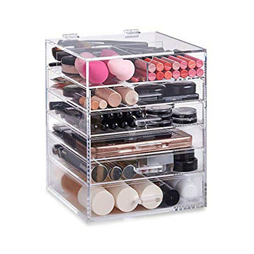 HUOLEO Acrílico Organizador De Maquillaje, Transparente Seis-Historia Cajones Cosméticos Caja De Almacenamiento Sub-Red Soporte De Exhibición para Tocador-24X24X30CM