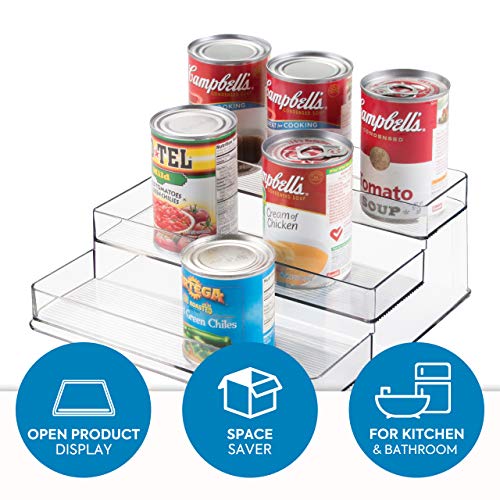 iDesign Organizador de cocina para especias, organizador de armarios grande de plástico con 3 niveles, práctico soporte especiero para especias y latas, transparente