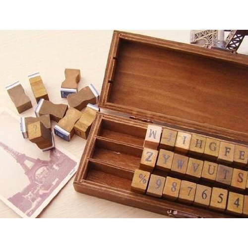 IIOOII 70pcs Rubber Stamps Vintage Wooden Box Case Alphabet Letters Number Craft