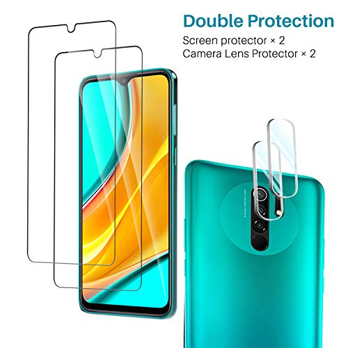 IMBZBK [4 Pack] 2 Pack Protector Pantalla para Xiaomi Redmi 9 Cristal Templado + 2 Pack Protector de Lente de Cámara Xiaomi Redmi 9 Protector cámara, [Case Friendly] [Alta Definicion]