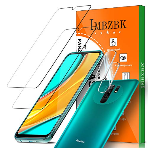 IMBZBK [4 Pack] 2 Pack Protector Pantalla para Xiaomi Redmi 9 Cristal Templado + 2 Pack Protector de Lente de Cámara Xiaomi Redmi 9 Protector cámara, [Case Friendly] [Alta Definicion]