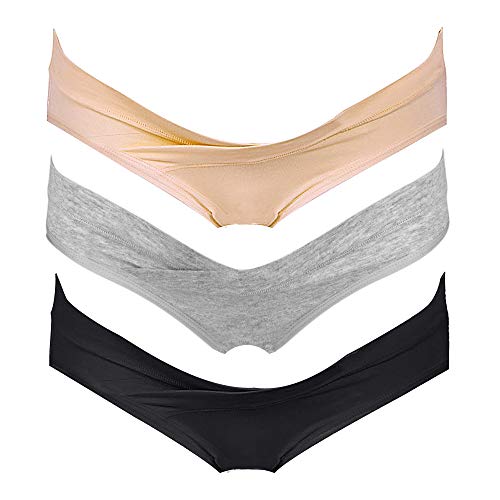 Intimate Portal Mujer Algodón Bajo el Vientre de Braguitas de Bikini Premamá Negro Gris Beige (PK de 3) M